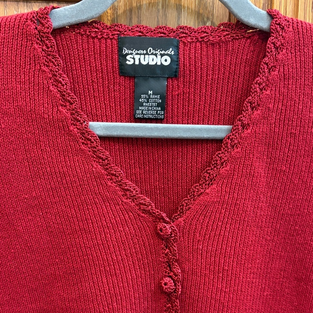 Vintage Cherry Red Cotton Blend Cardigan Medium Crochet Detail Cottagecore Boho - Picture 3 of 7